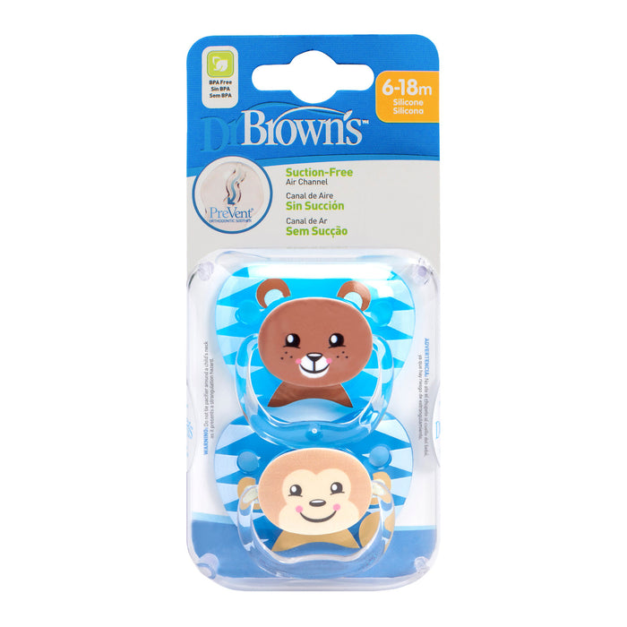 Dr Brown's PreVent Soothers  - Animal Faces, Blue, 6-18 Month