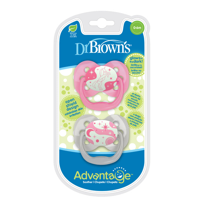 Dr Brown's Advantage Glow in the Dark Soothers 0-6 Month - Pink