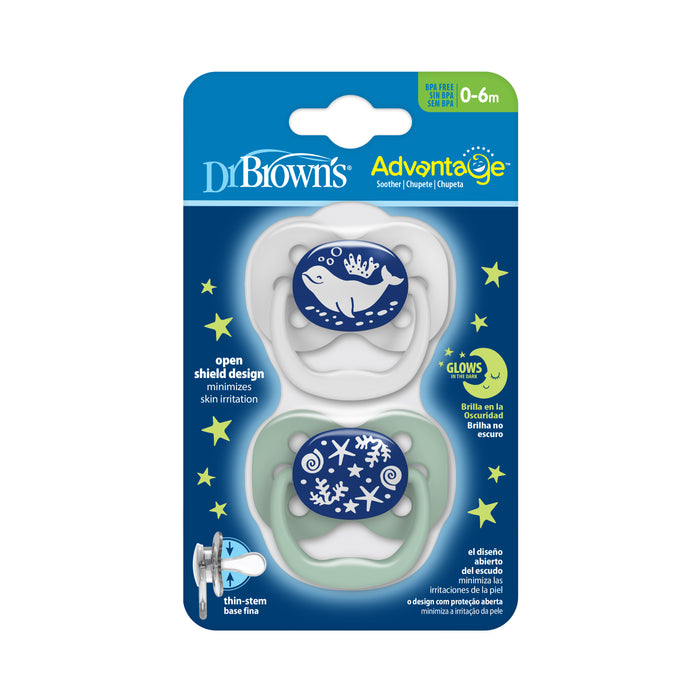 Dr Brown's Advantage Glow in the Dark Soothers 0-6 Month - Blue