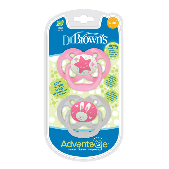 Dr Brown's Advantage Glow in the Dark Soother 6-18 Month - Pink