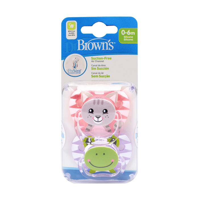 Dr Brown's PreVent Soothers  - Animal Faces, Pink, 0-6 Month