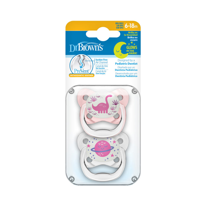 PreVent Glow In The Dark Butterfly Soothers Pink Dinosaur / Planet 6-18 Months
