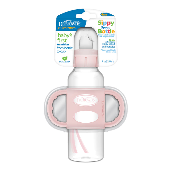 Dr. Brown’s Milestones™ Narrow Sippy Bottle with Silicone Handles, 8oz/250mL, 6m+ Pink