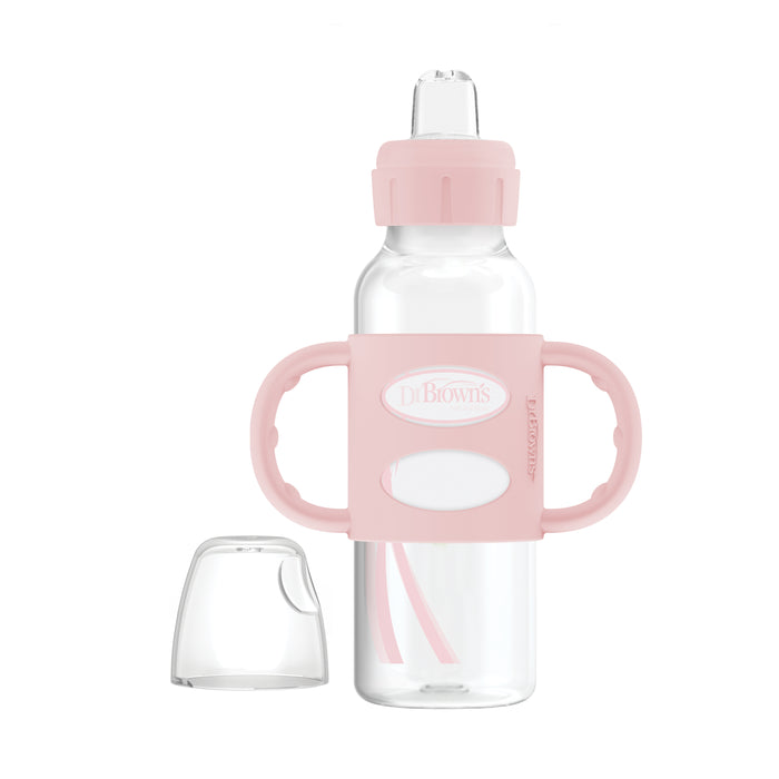 Dr. Brown’s Milestones™ Narrow Sippy Bottle with Silicone Handles, 8oz/250mL, 6m+ Pink