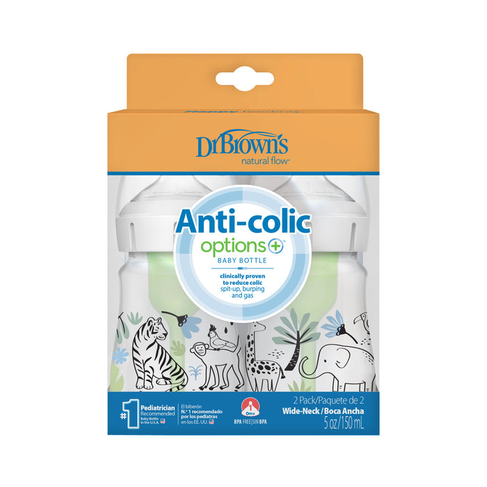 Dr Brown's Anti-Colic Options+ Wide-Neck Baby Bottle, 5oz/150ml, 2-Pack - Designs