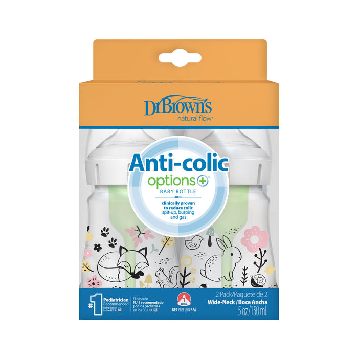 Dr Brown's Anti-Colic Options+ Wide-Neck Baby Bottle, 5oz/150ml, 2-Pack - Designs