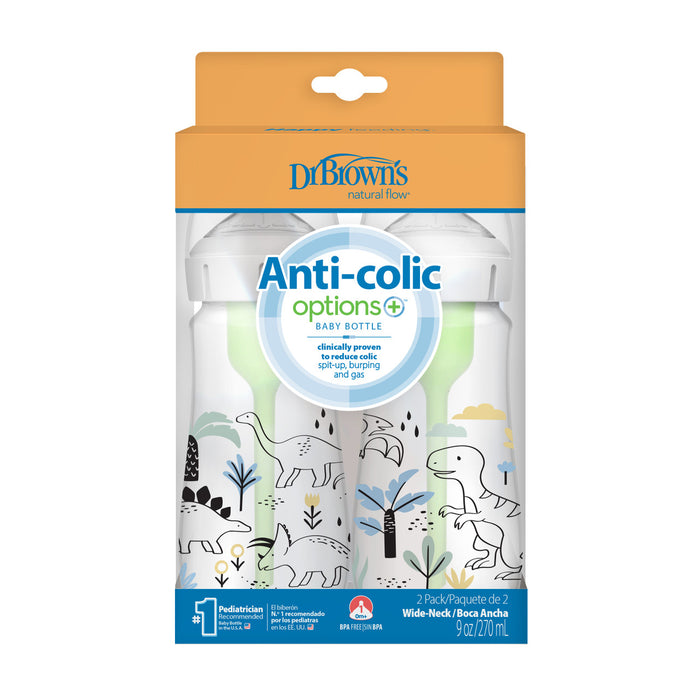 Dr Brown's Anti-Colic Options+ Wide-Neck Baby Bottle, 9oz/270ml, 2-Pack - Designs