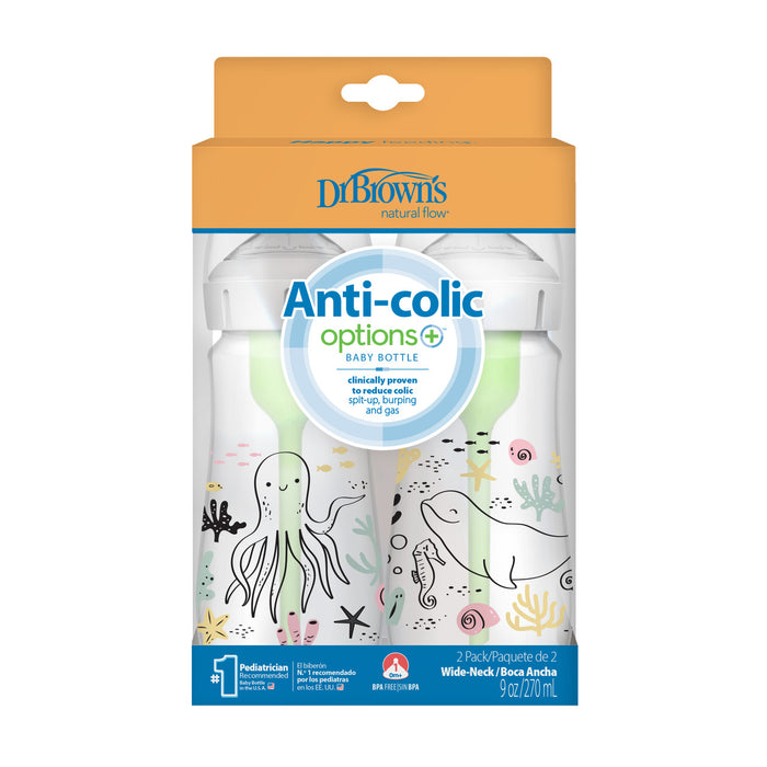 Dr Brown's Anti-Colic Options+ Wide-Neck Baby Bottle, 9oz/270ml, 2-Pack - Designs